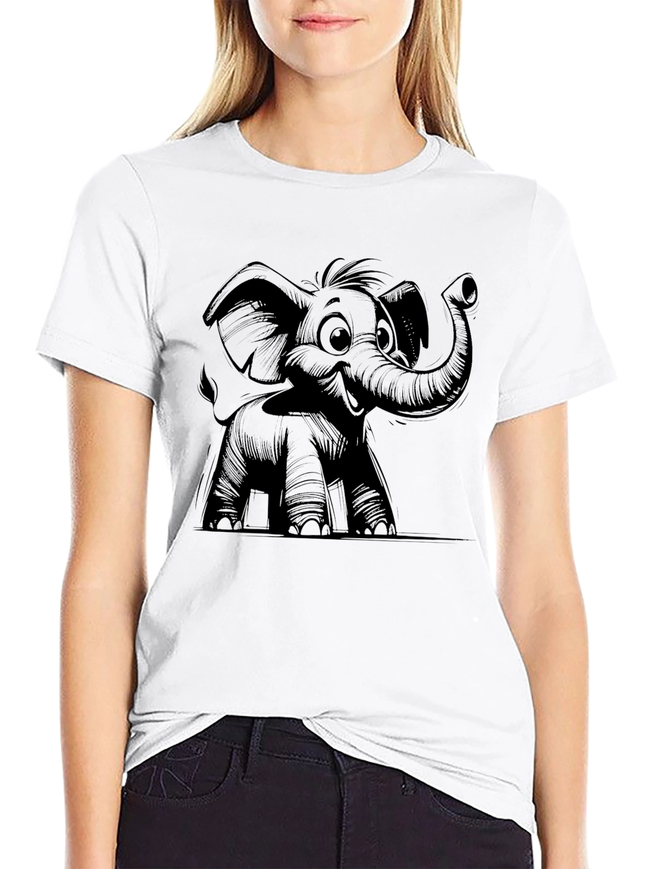 Elephant Cartoon Graphic Tee - Black