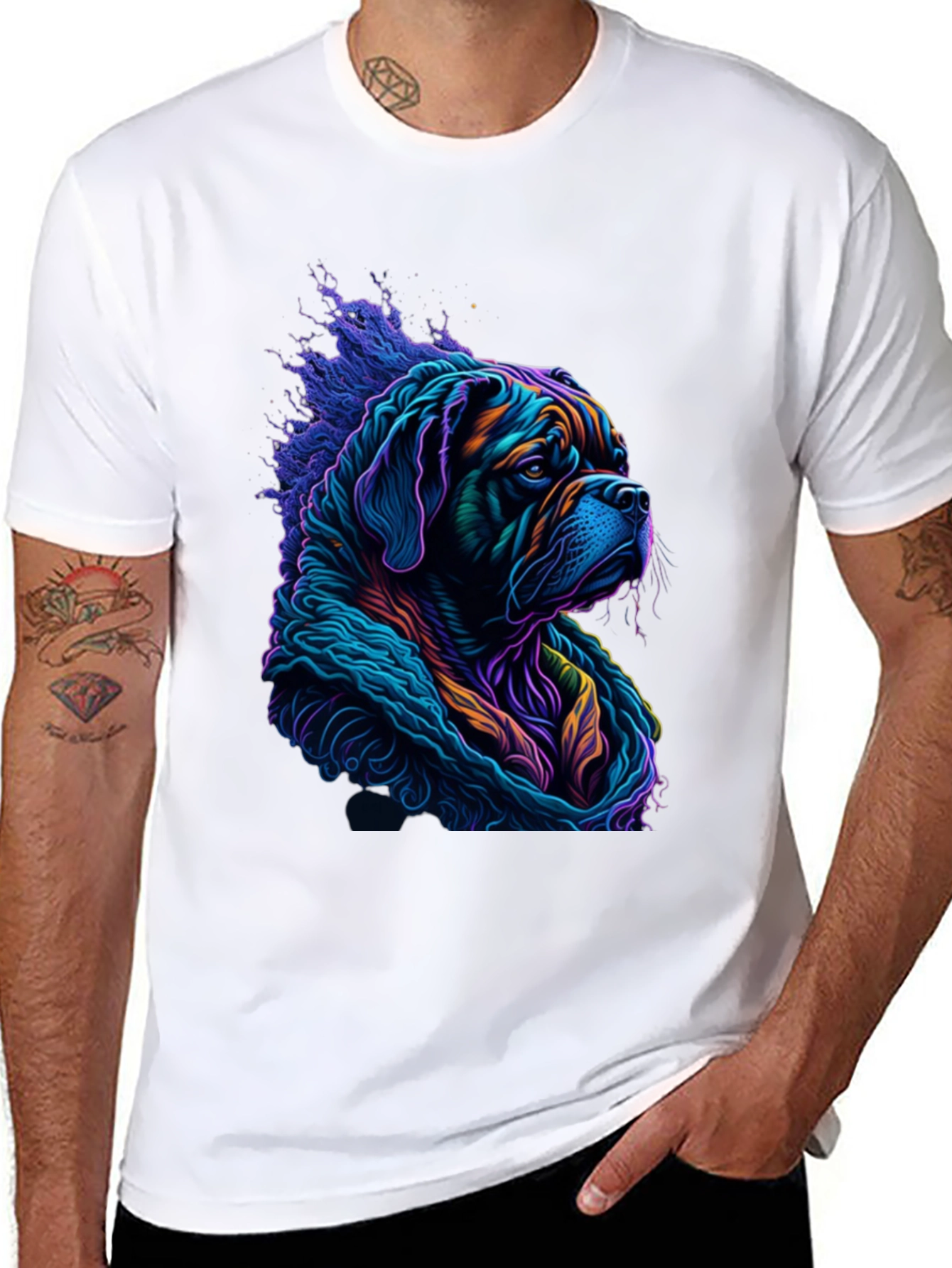 Vibrant Dog Graphic Tee - Stylish Mens Black T-Shirt