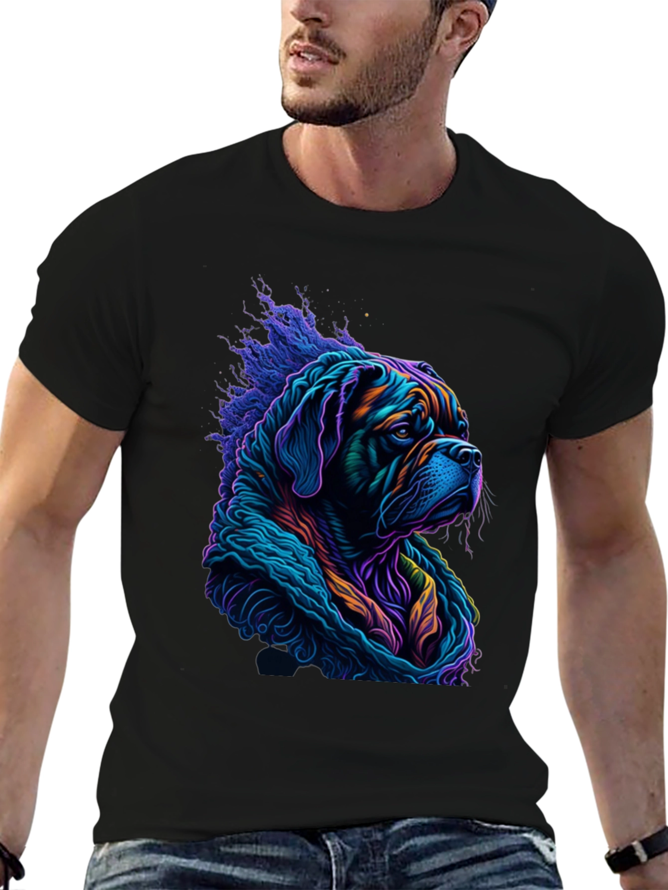 Vibrant Dog Graphic Tee - Stylish Mens Black T-Shirt