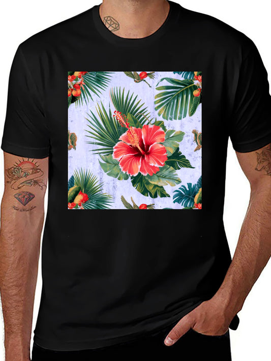 Tropical Hibiscus Print Black T-Shirt