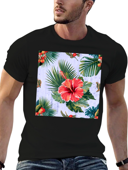 Tropical Hibiscus Print Black T-Shirt