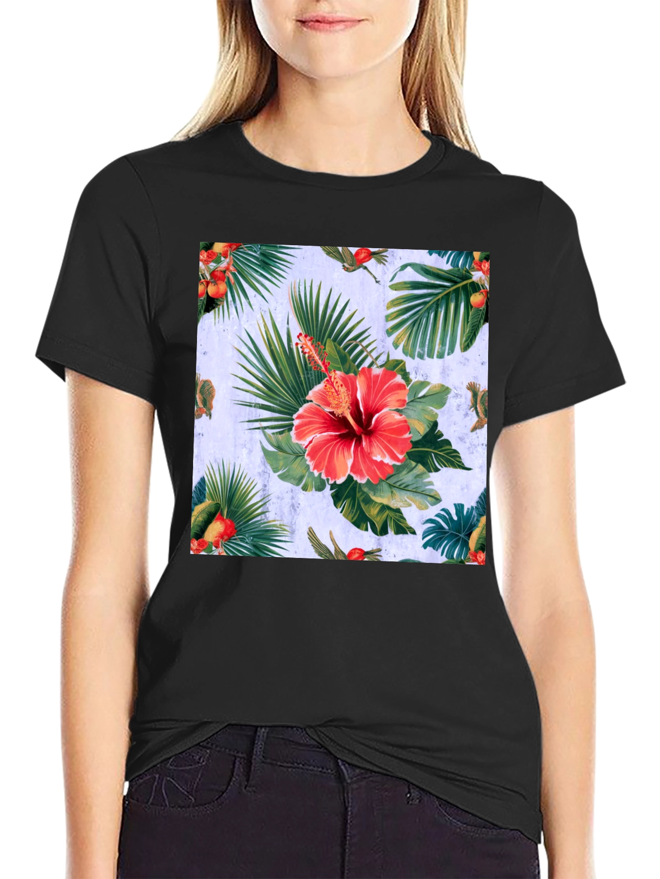 Tropical Hibiscus Print Black T-Shirt