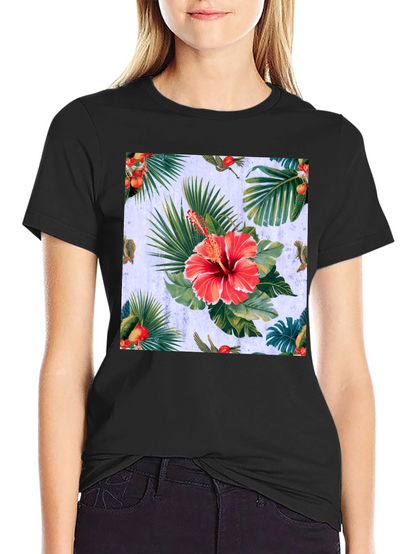 Tropical Hibiscus Print Black T-Shirt