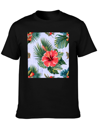 Tropical Hibiscus Print Black T-Shirt