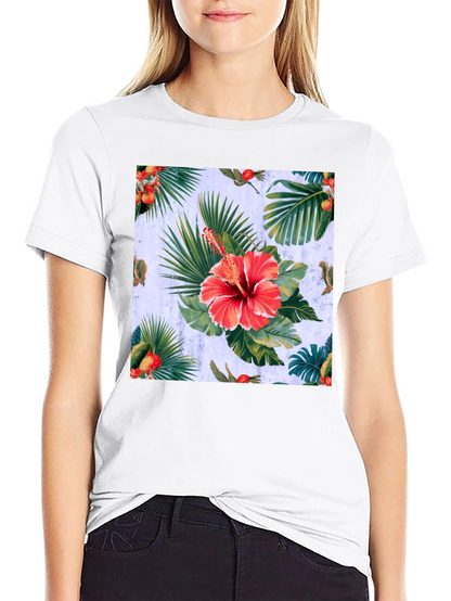 Tropical Hibiscus Print Black T-Shirt