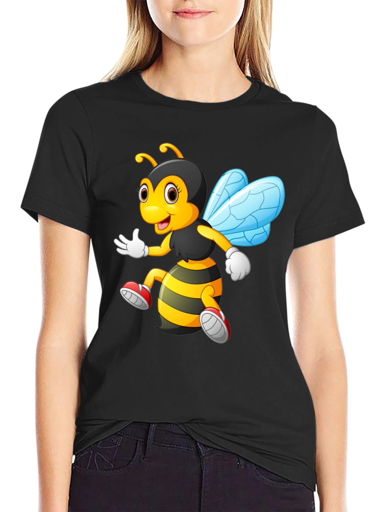 Cartoon Bee Graphic T-Shirt - Black Crew Neck