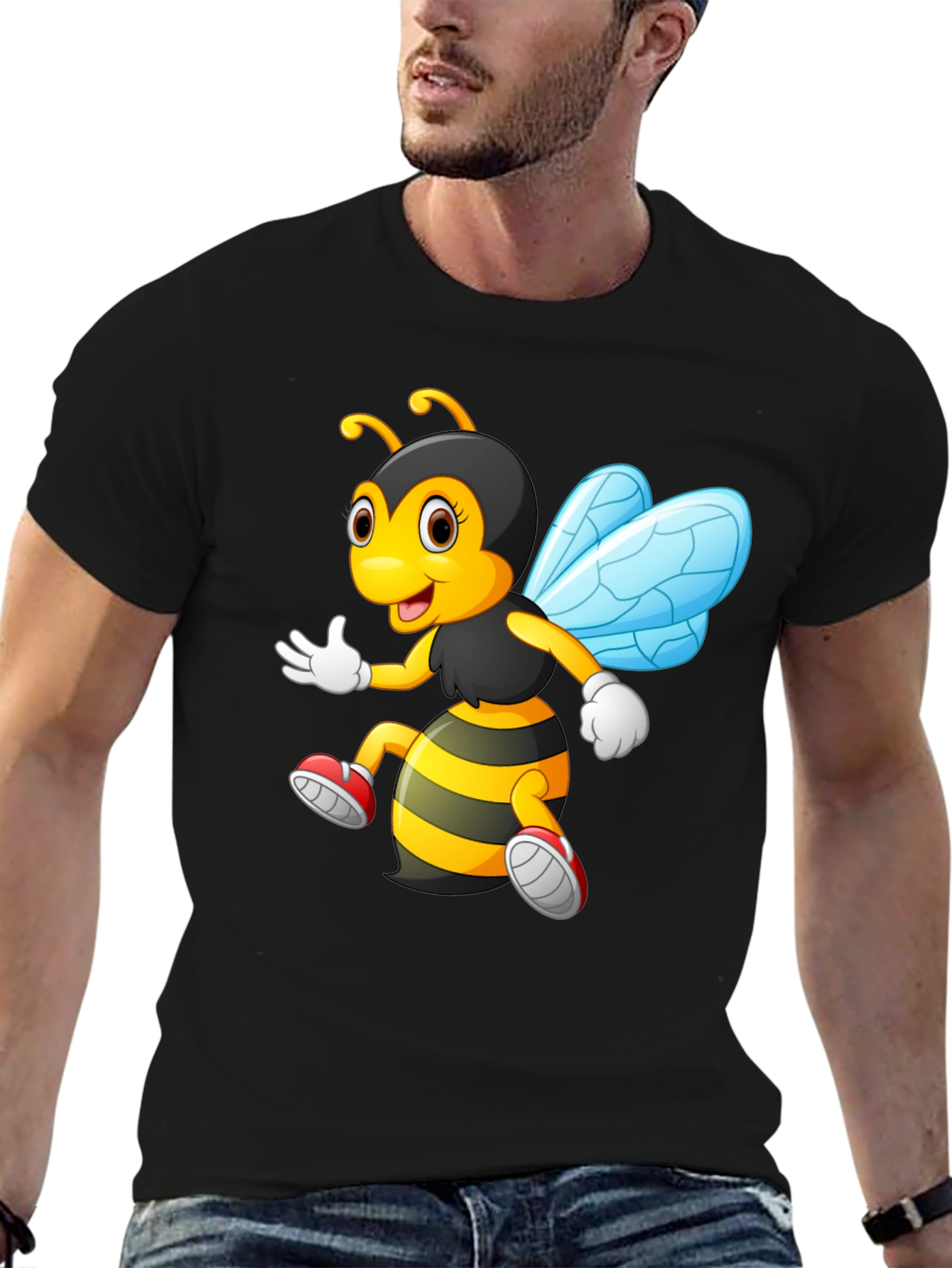 Cartoon Bee Graphic T-Shirt - Black Crew Neck