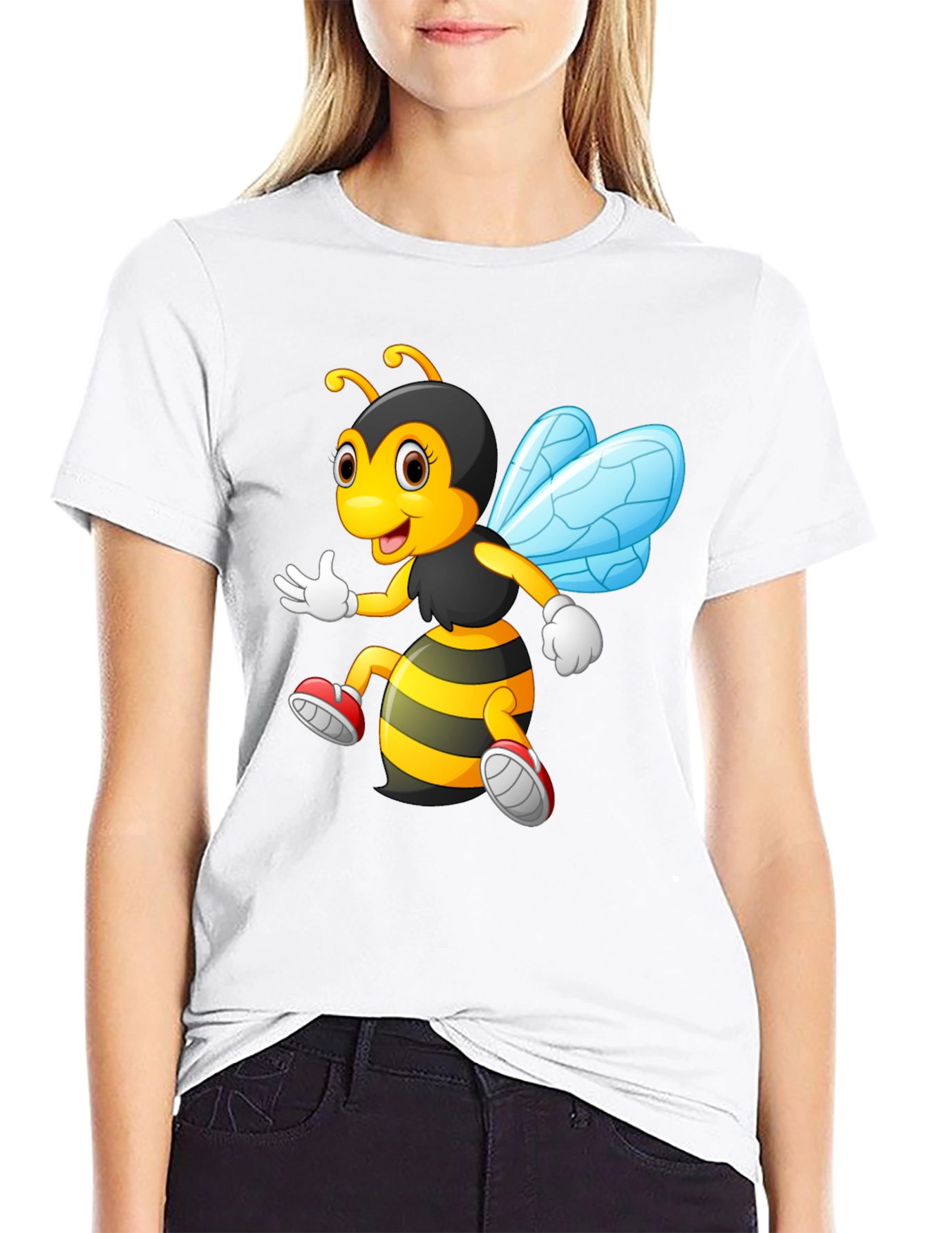 Cartoon Bee Graphic T-Shirt - Black Crew Neck