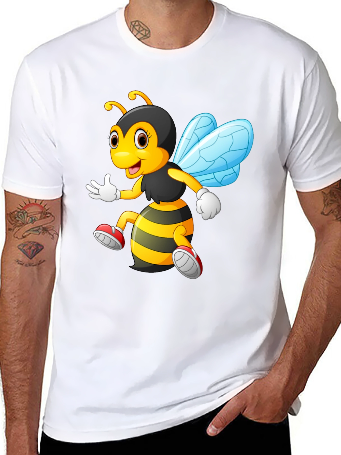 Cartoon Bee Graphic T-Shirt - Black Crew Neck