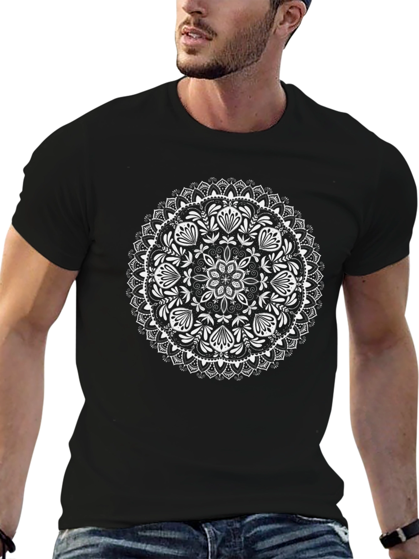 Black Mandala T-Shirt - Artistic Floral Design