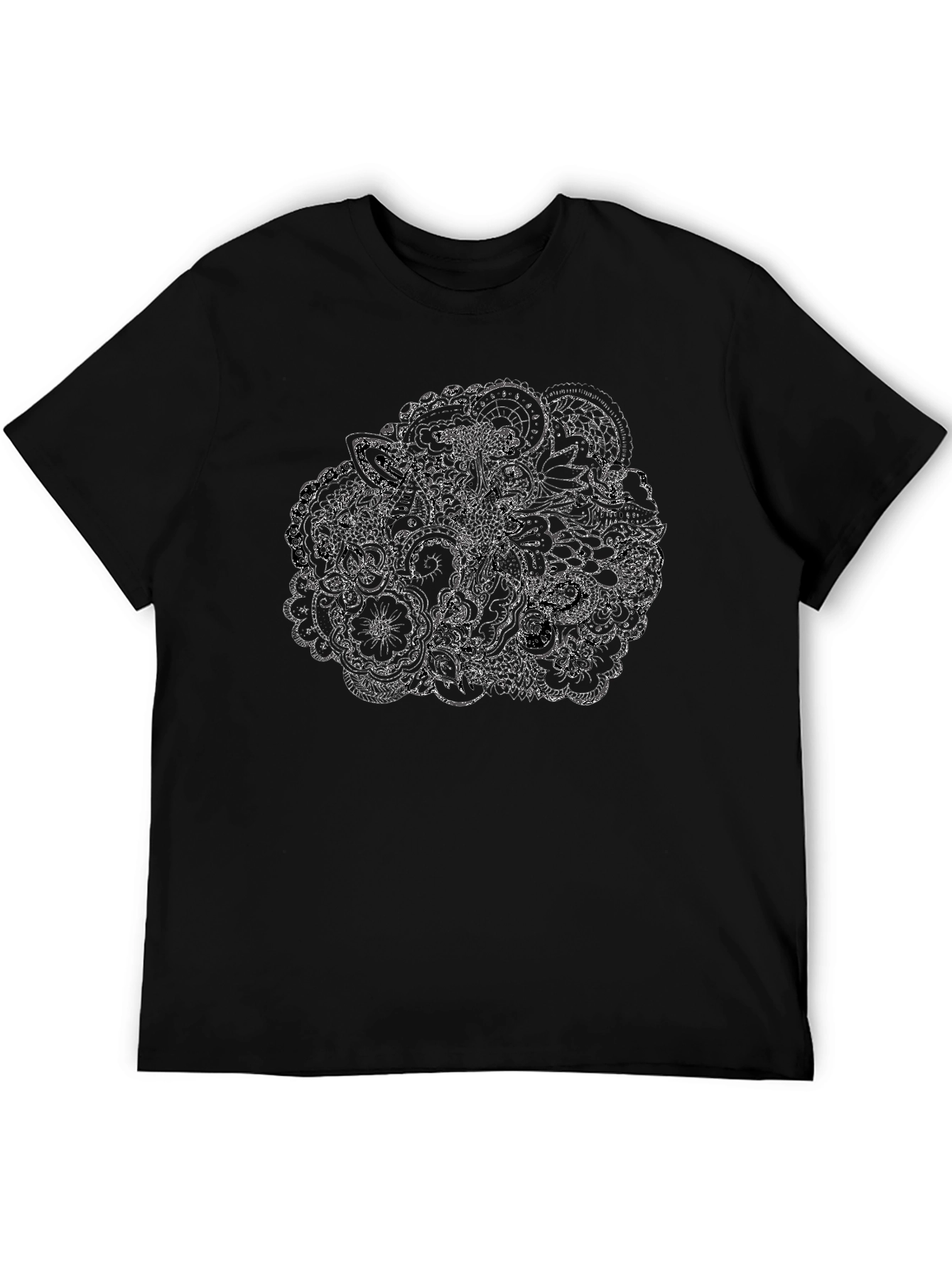 Mens Black T-Shirt with Intricate Floral Design