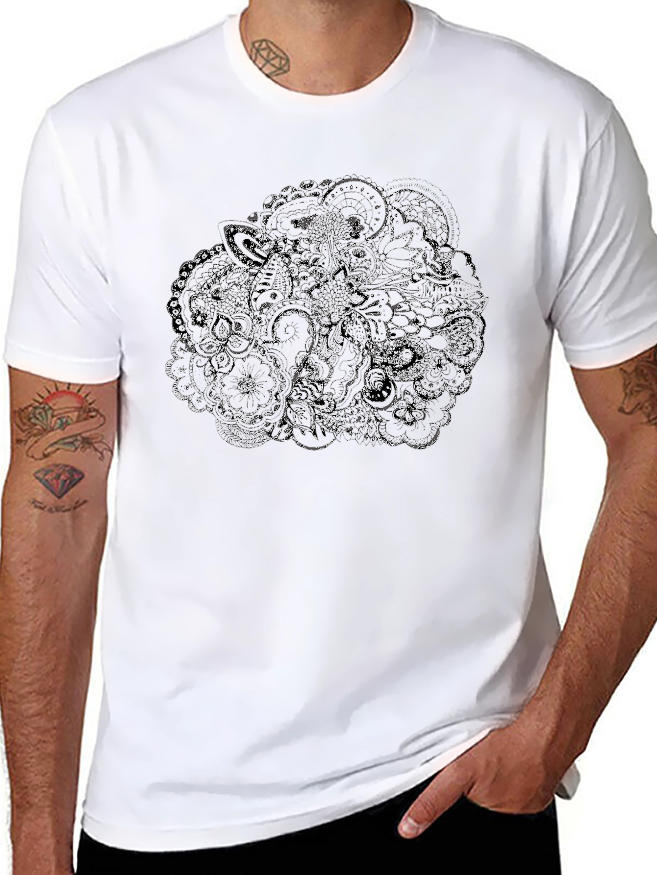 Mens Black T-Shirt with Intricate Floral Design