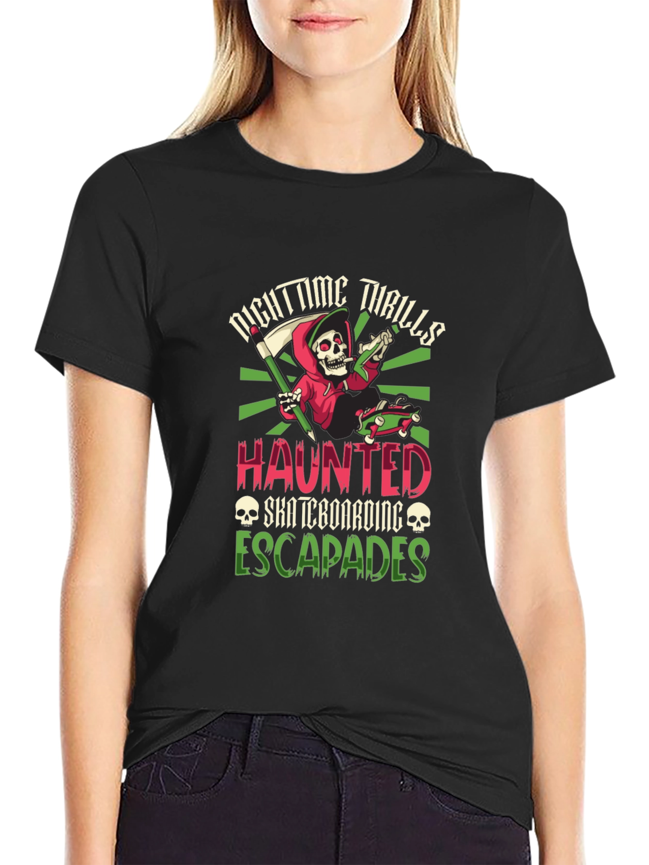 Nighttime Thrills Haunted Skateboarding Escapades T-Shirt