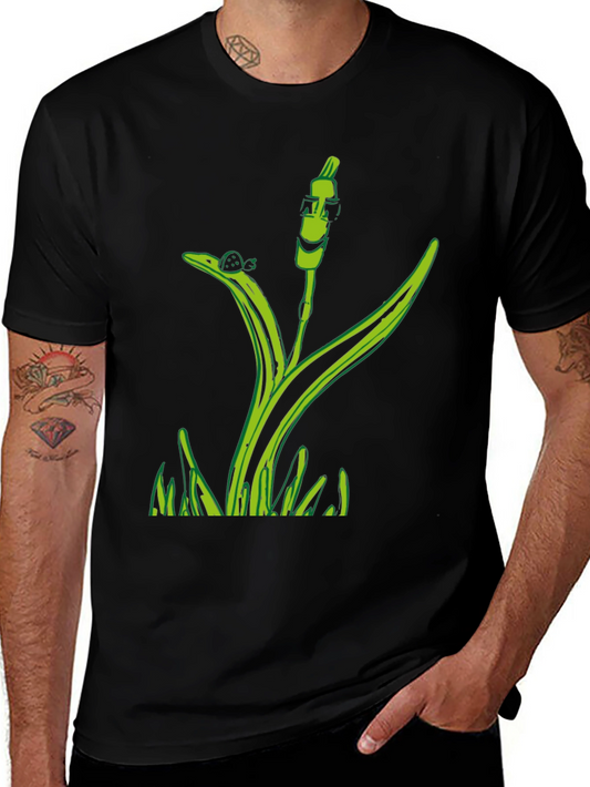 Unique Green Plant Graphic Tee - Black Cotton Blend