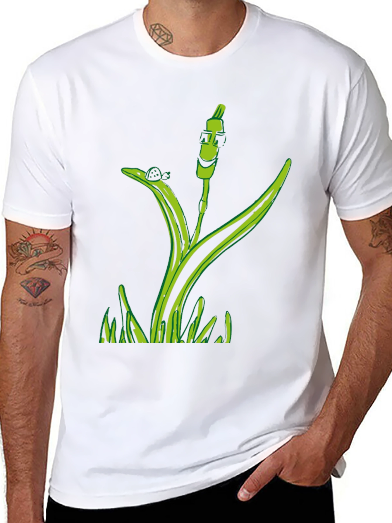 Unique Green Plant Graphic Tee - Black Cotton Blend