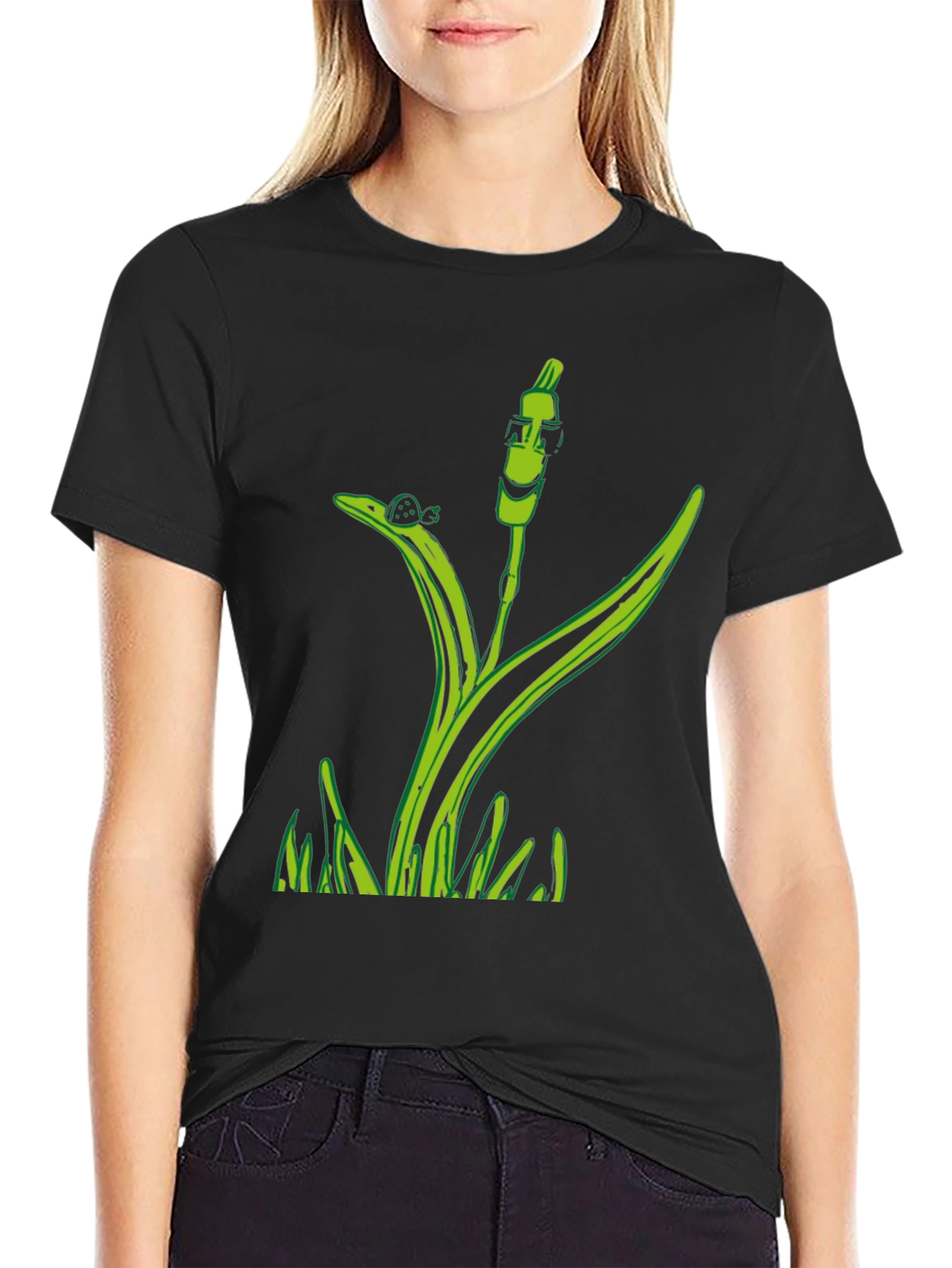 Unique Green Plant Graphic Tee - Black Cotton Blend