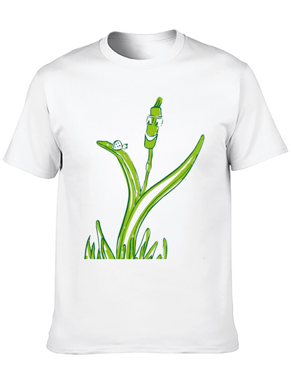 Unique Green Plant Graphic Tee - Black Cotton Blend
