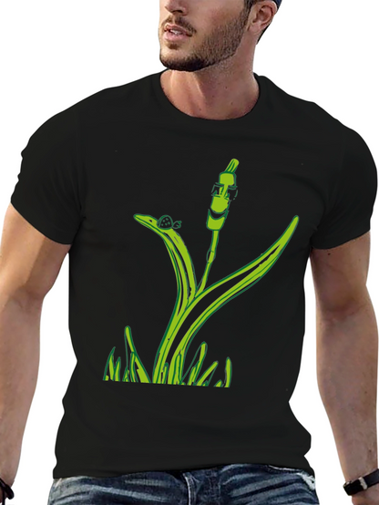 Unique Green Plant Graphic Tee - Black Cotton Blend