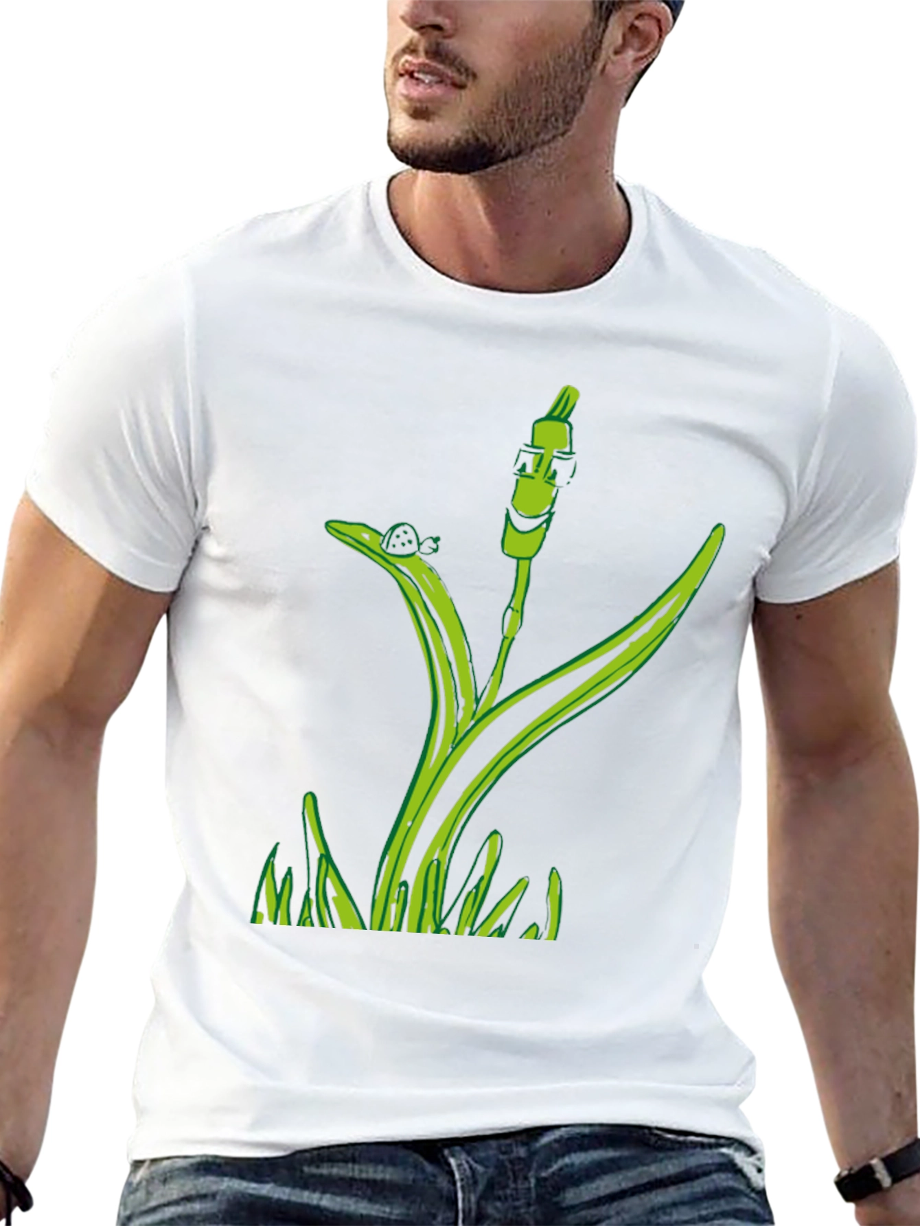 Unique Green Plant Graphic Tee - Black Cotton Blend