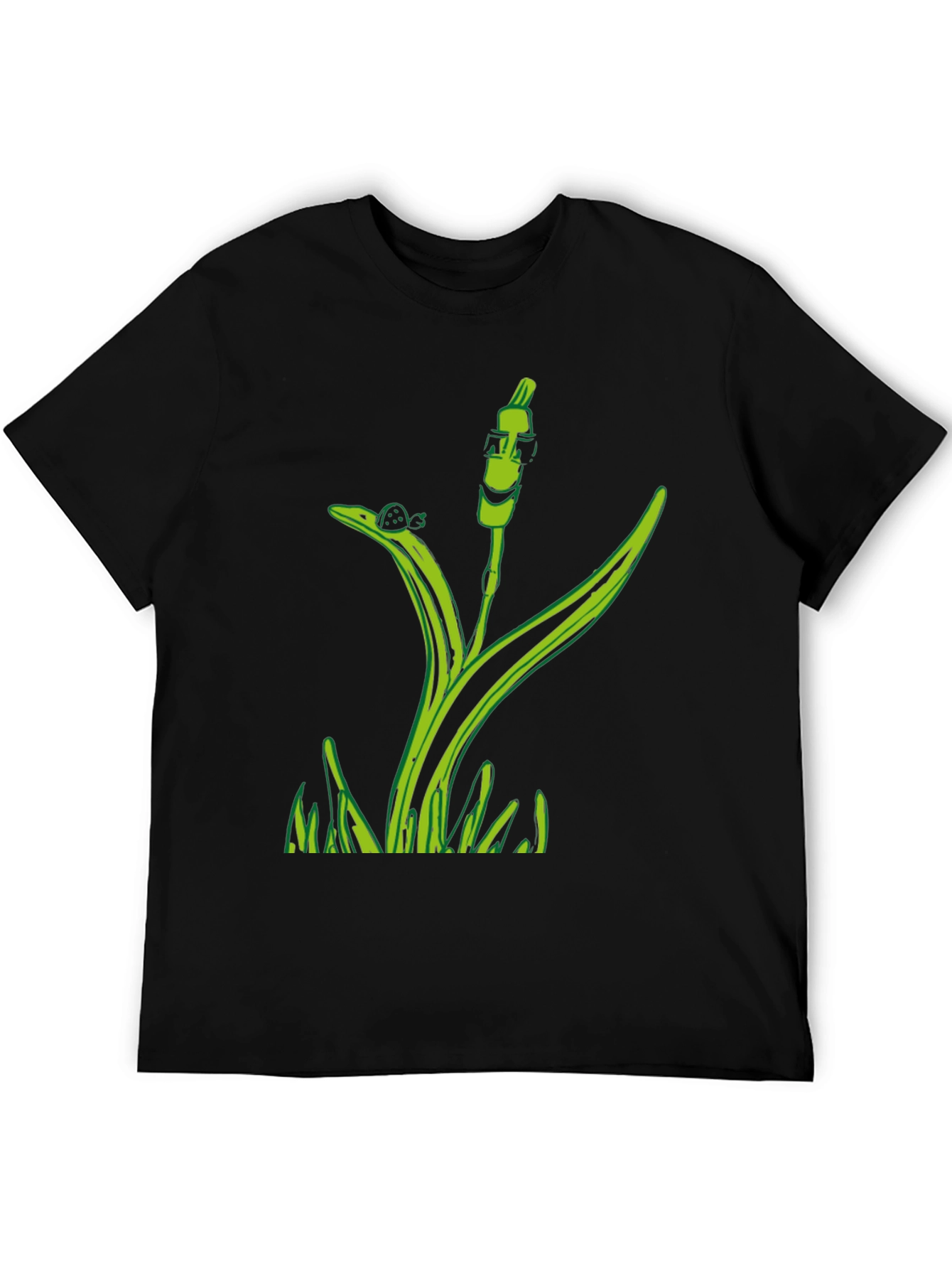 Unique Green Plant Graphic Tee - Black Cotton Blend