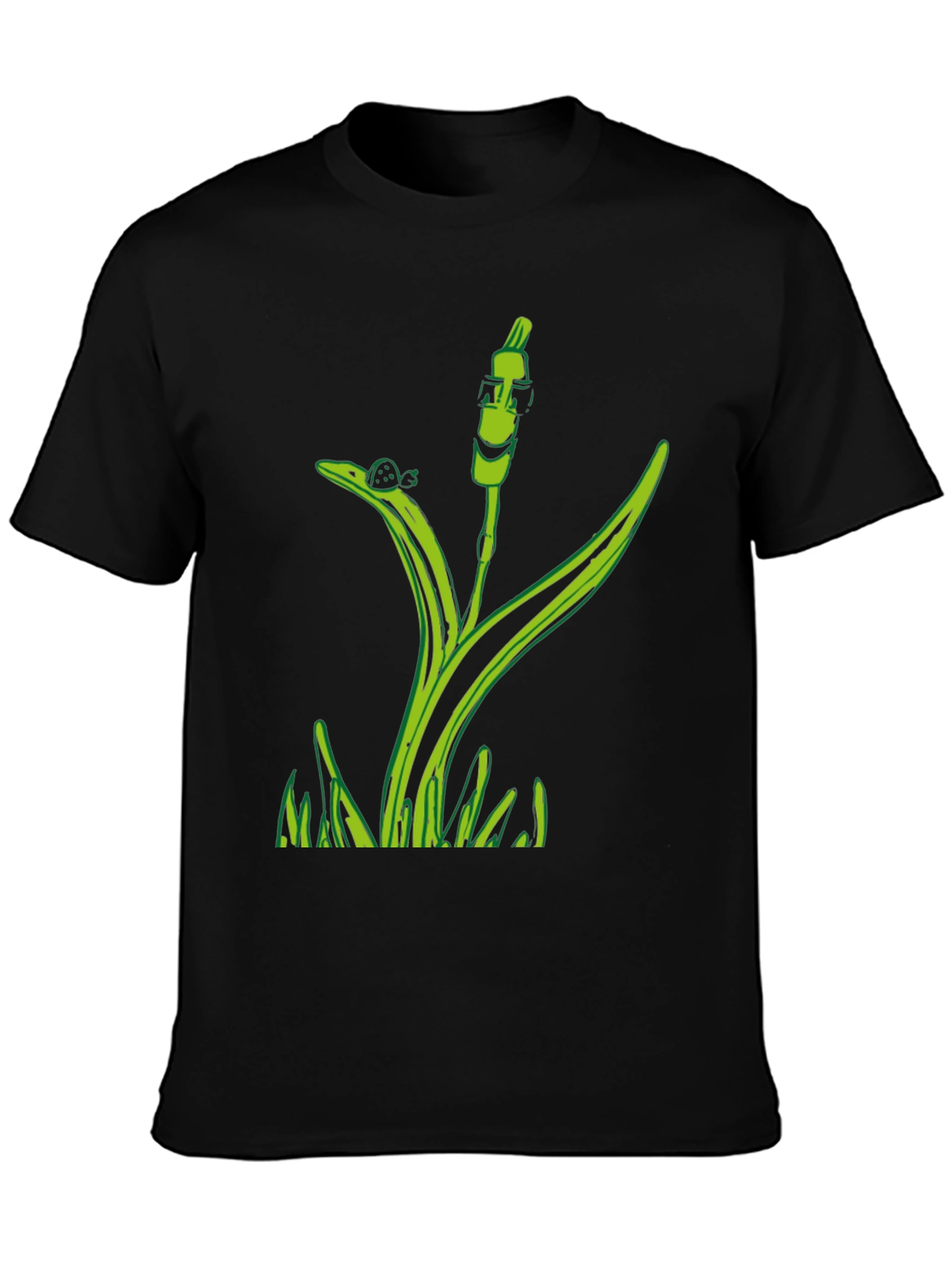 Unique Green Plant Graphic Tee - Black Cotton Blend