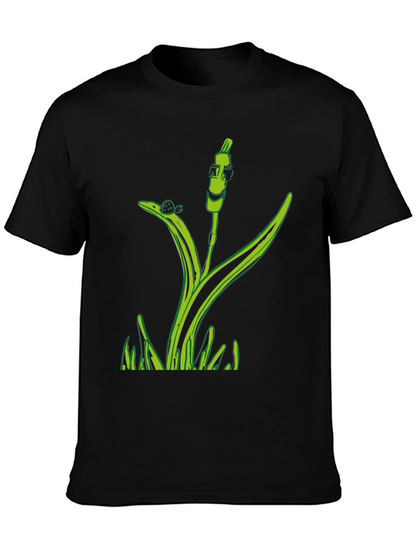 Unique Green Plant Graphic Tee - Black Cotton Blend
