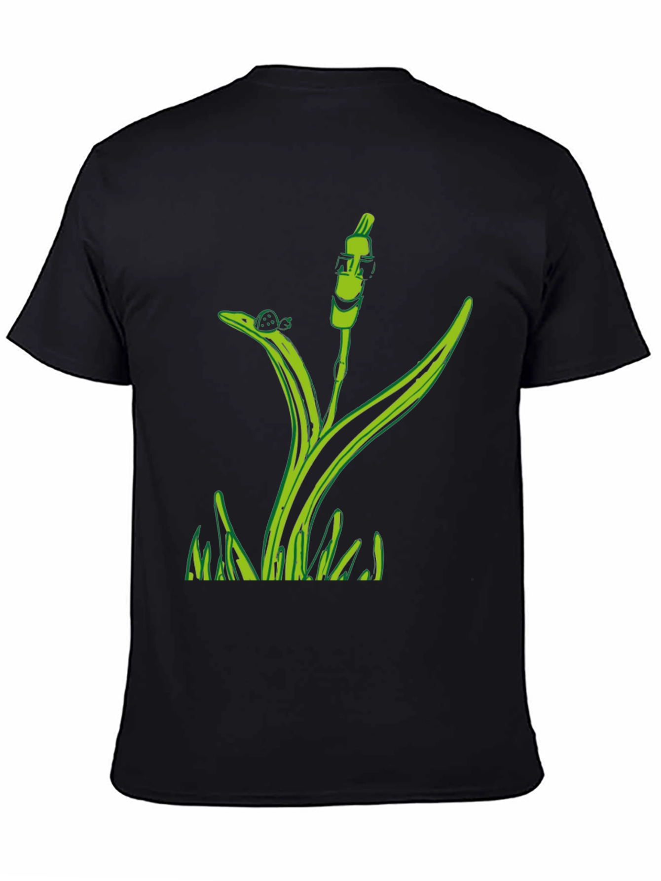 Unique Green Plant Graphic Tee - Black Cotton Blend