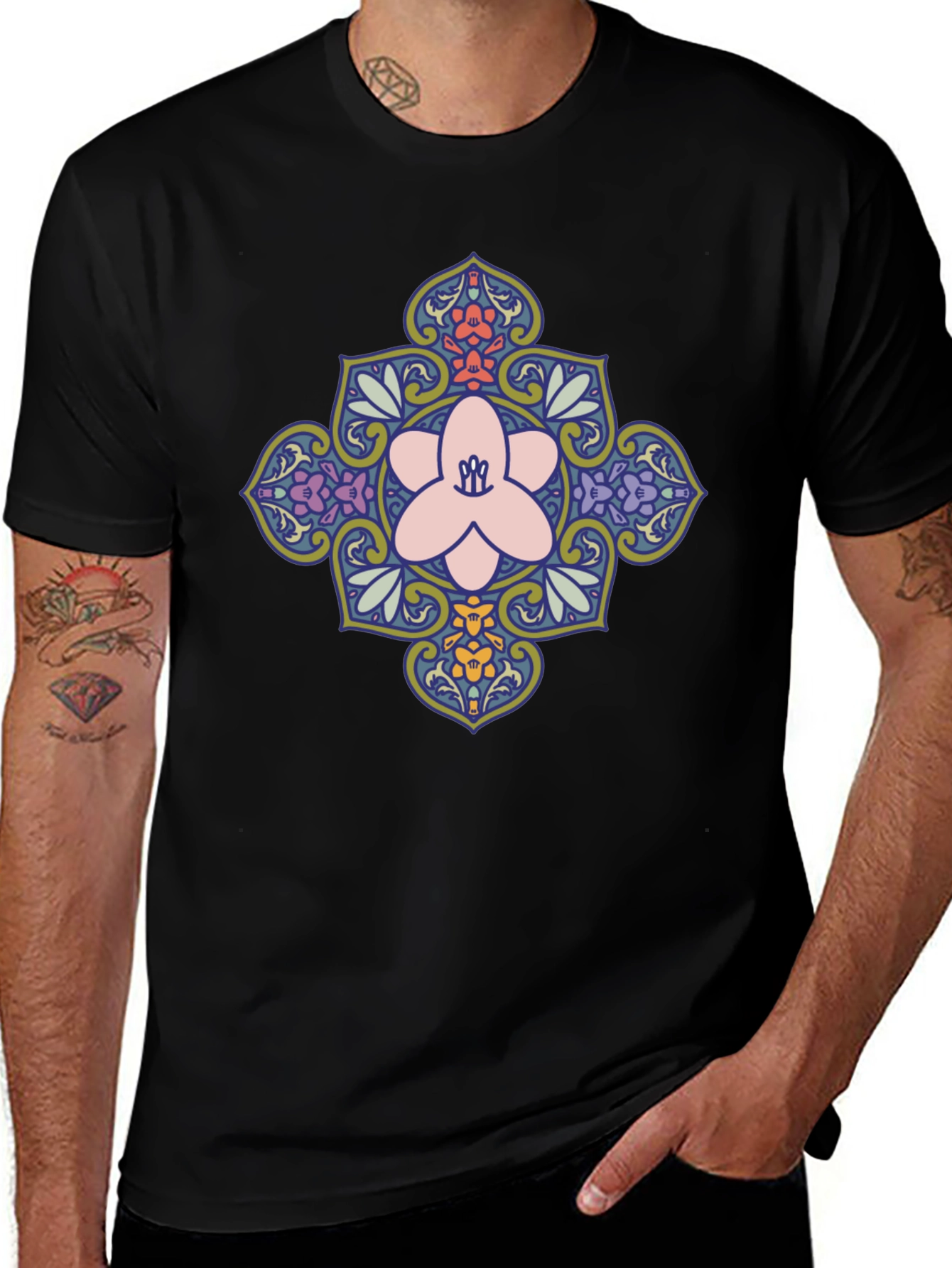 Floral Mandala Print Black T-Shirt