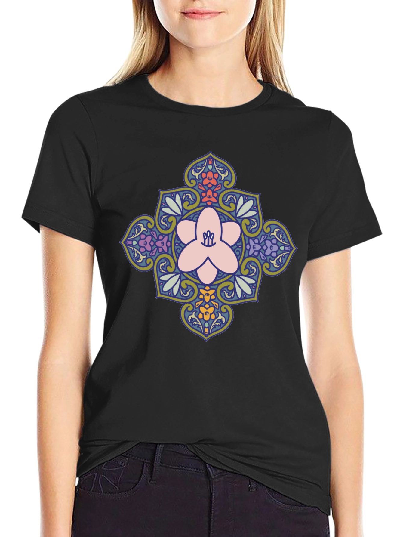 Floral Mandala Print Black T-Shirt