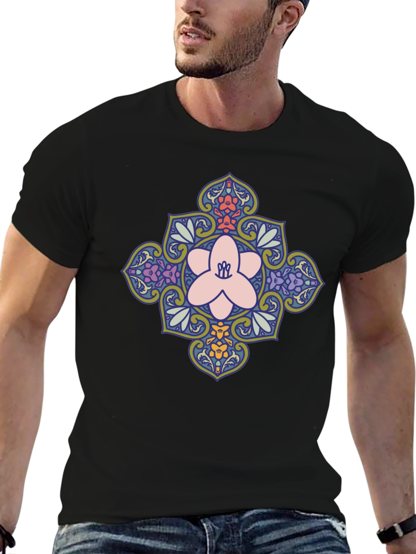 Floral Mandala Print Black T-Shirt