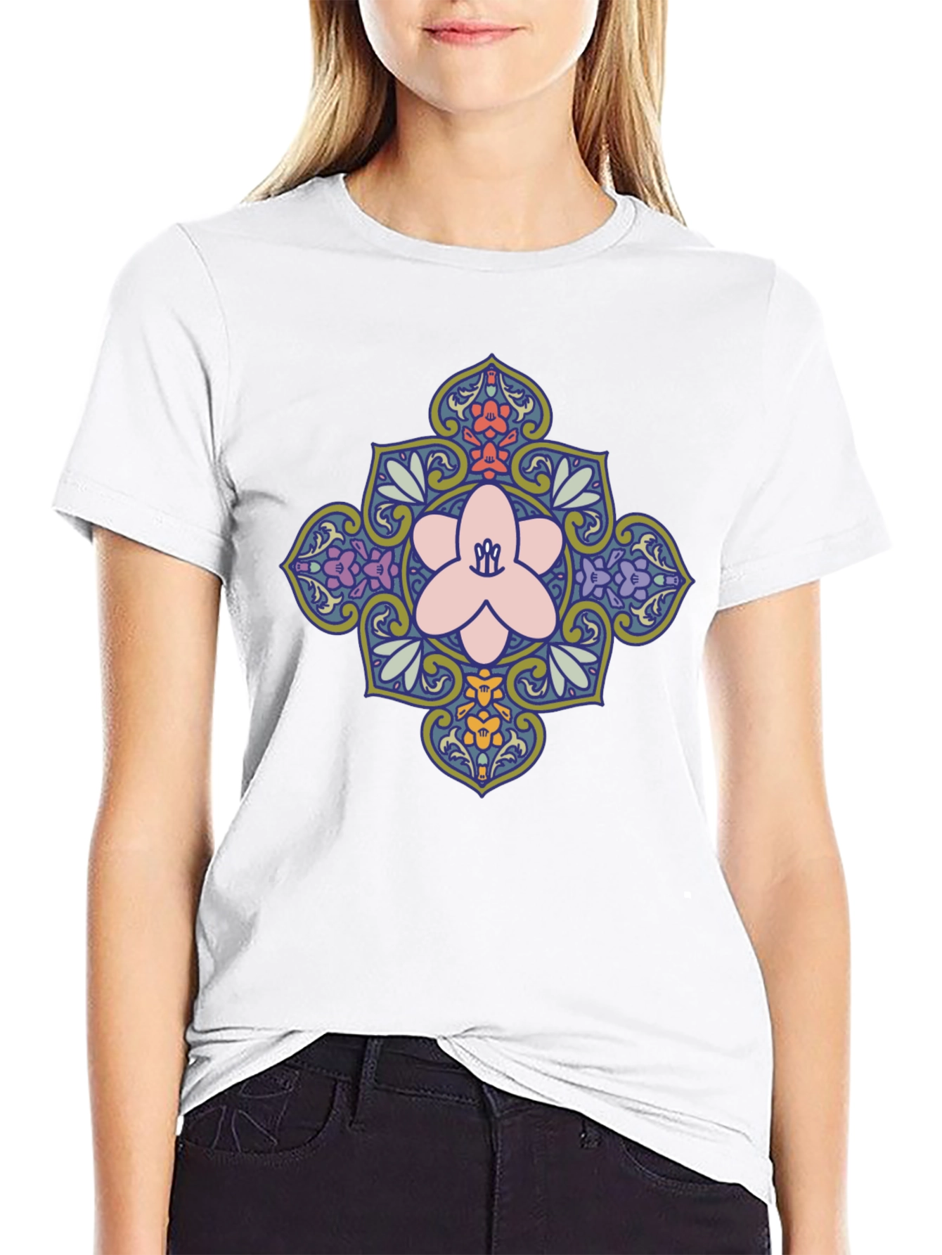 Floral Mandala Print Black T-Shirt