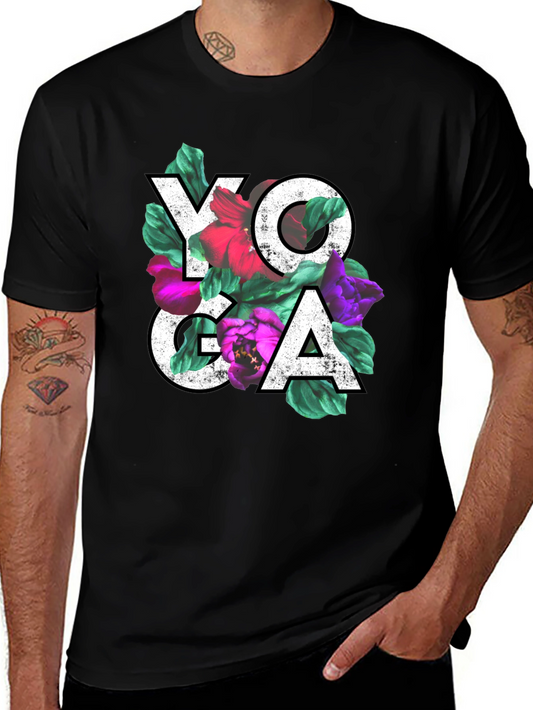 Floral Yoga Graphic Tee - Black Cotton Blend T-Shirt