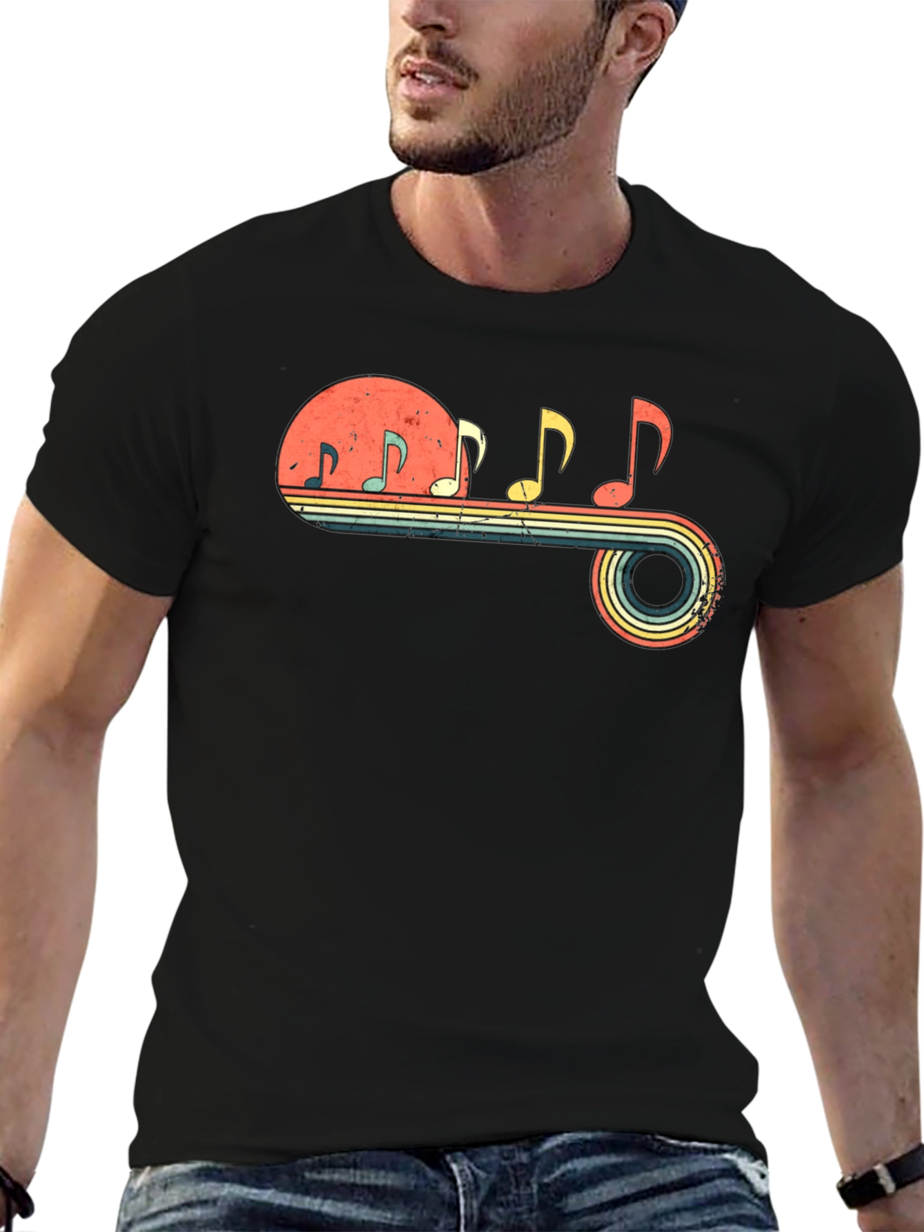 Retro Music Note Graphic Tee - Black