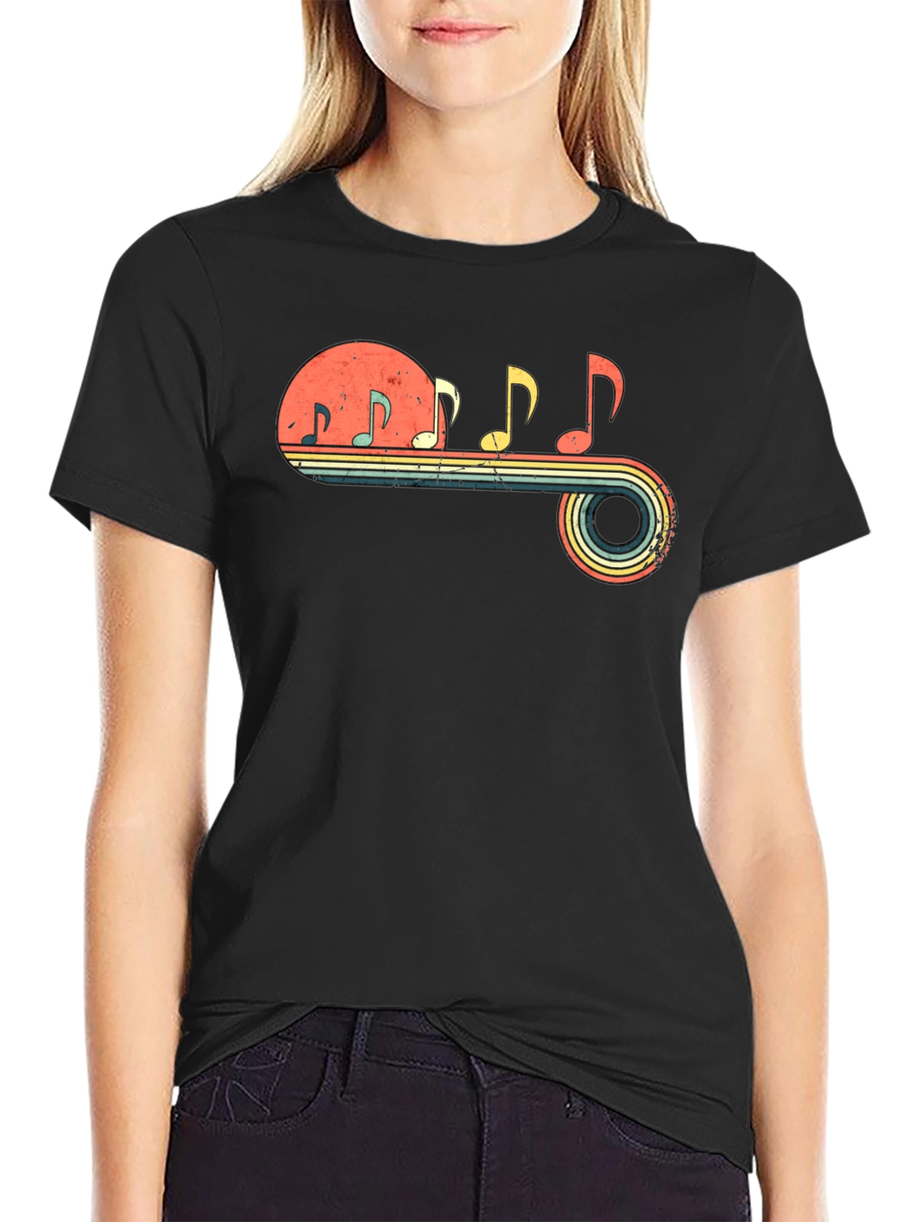 Retro Music Note Graphic Tee - Black