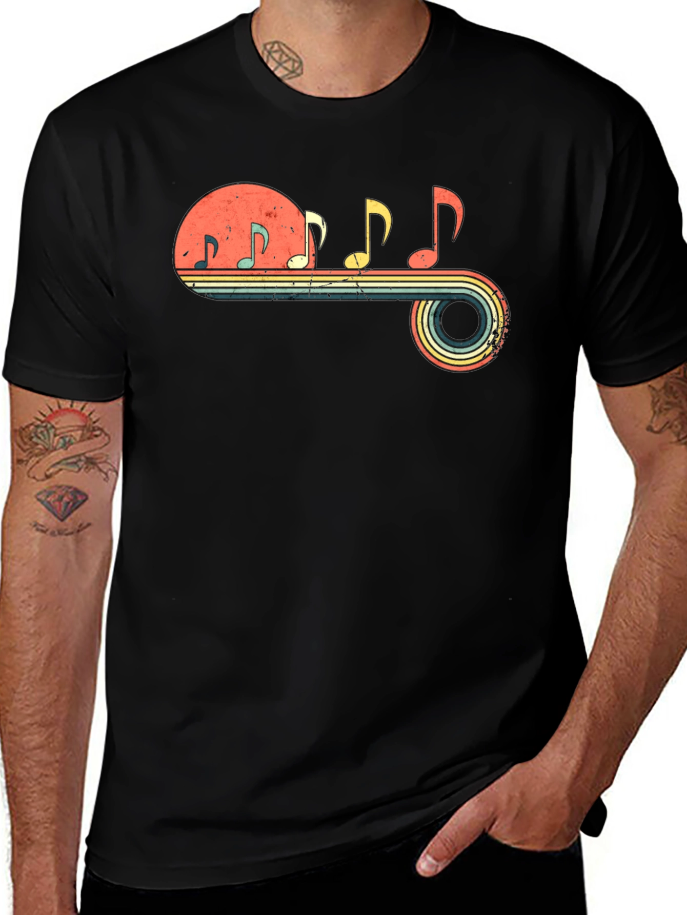 Retro Music Note Graphic Tee - Black