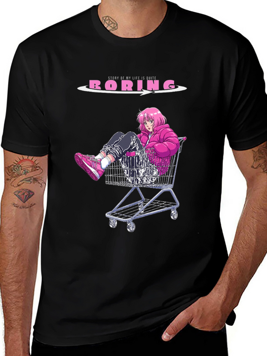 Anime Girl Shopping Cart Graphic T-Shirt - Story Of My Life Is Quite Boring