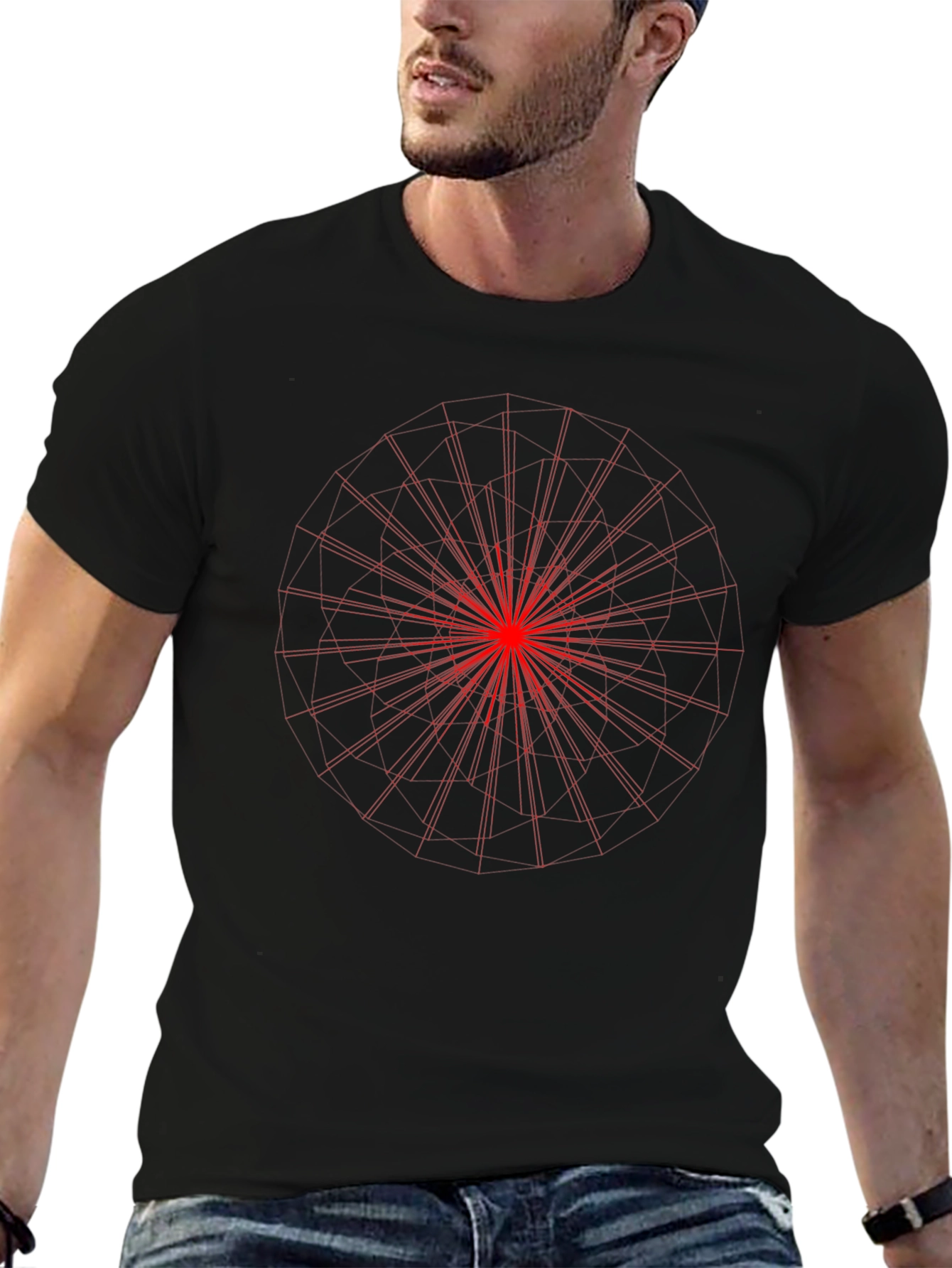 Black Tee with Red Geometric Print