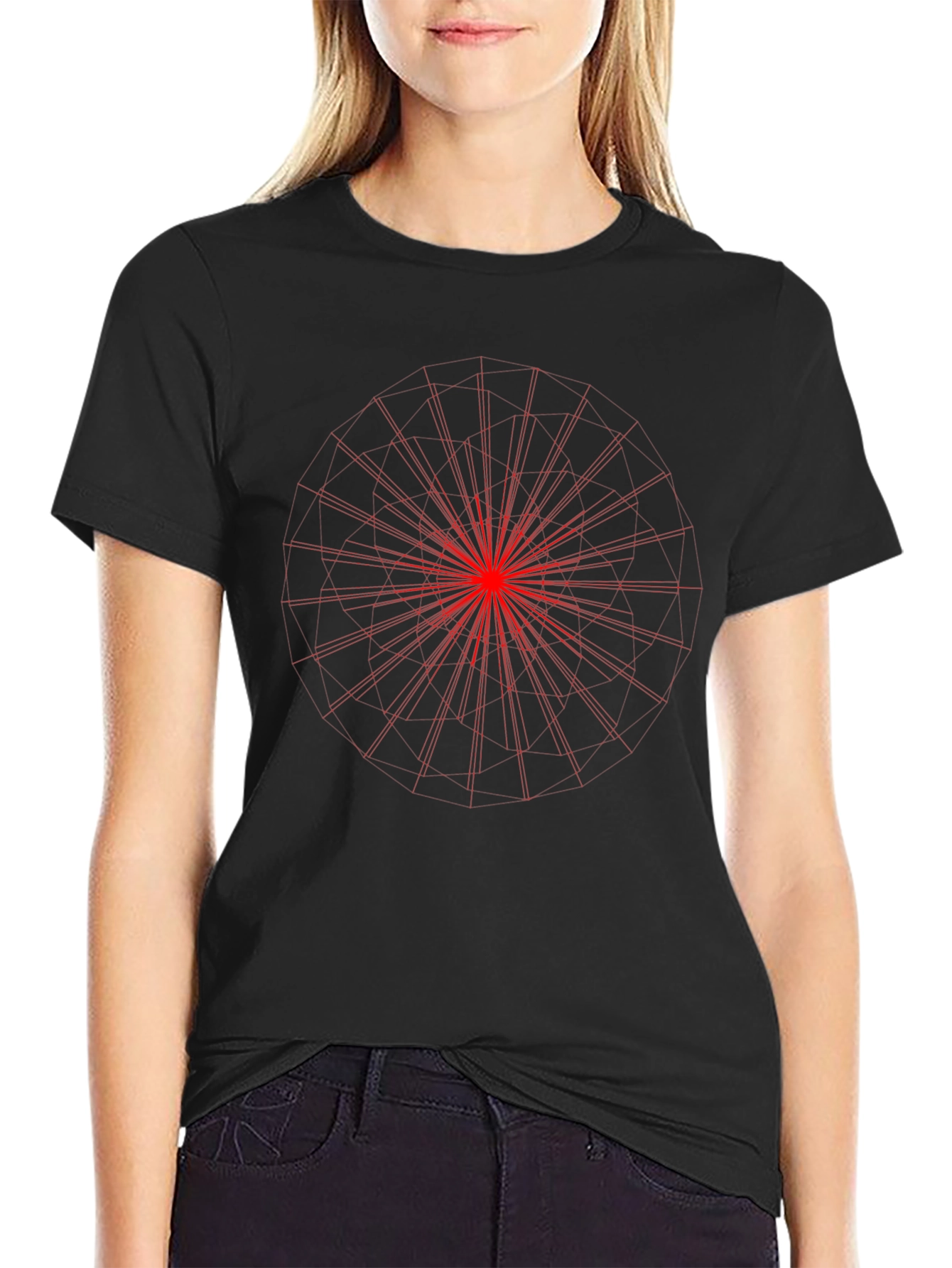 Black Tee with Red Geometric Print