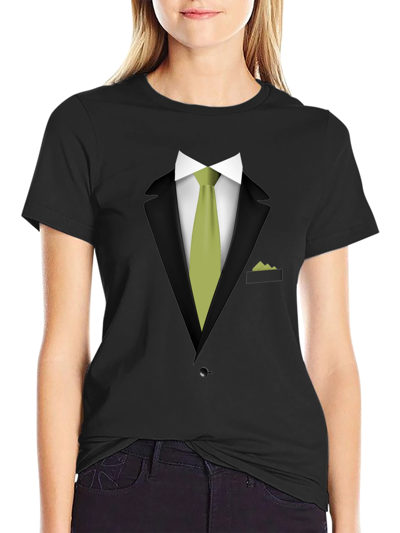 Tuxedo T-Shirt - Black Suit with Green Tie Design