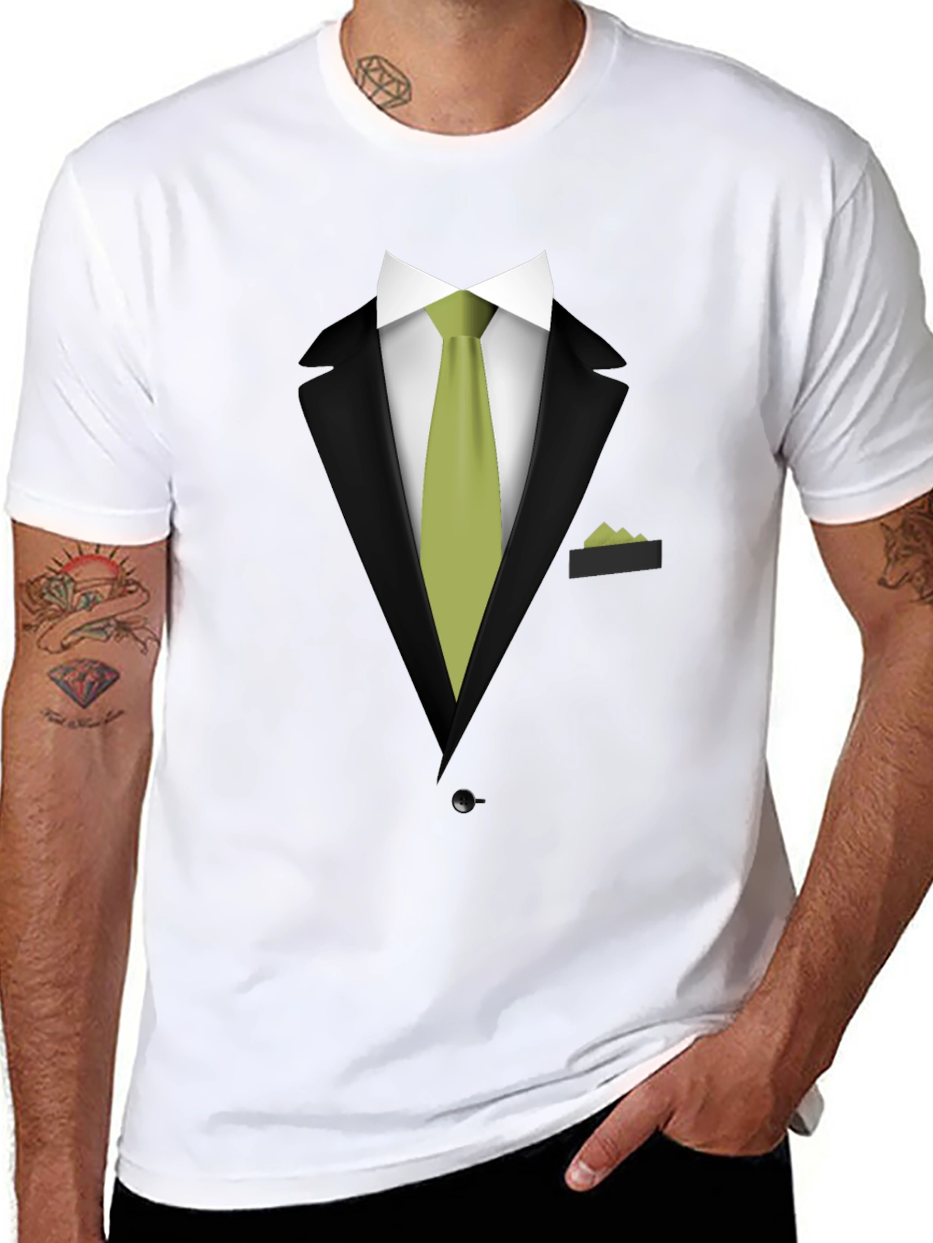 Tuxedo T-Shirt - Black Suit with Green Tie Design