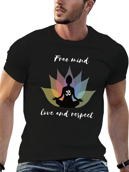 Free Mind Om Yoga Lotus Mens Black T-Shirt