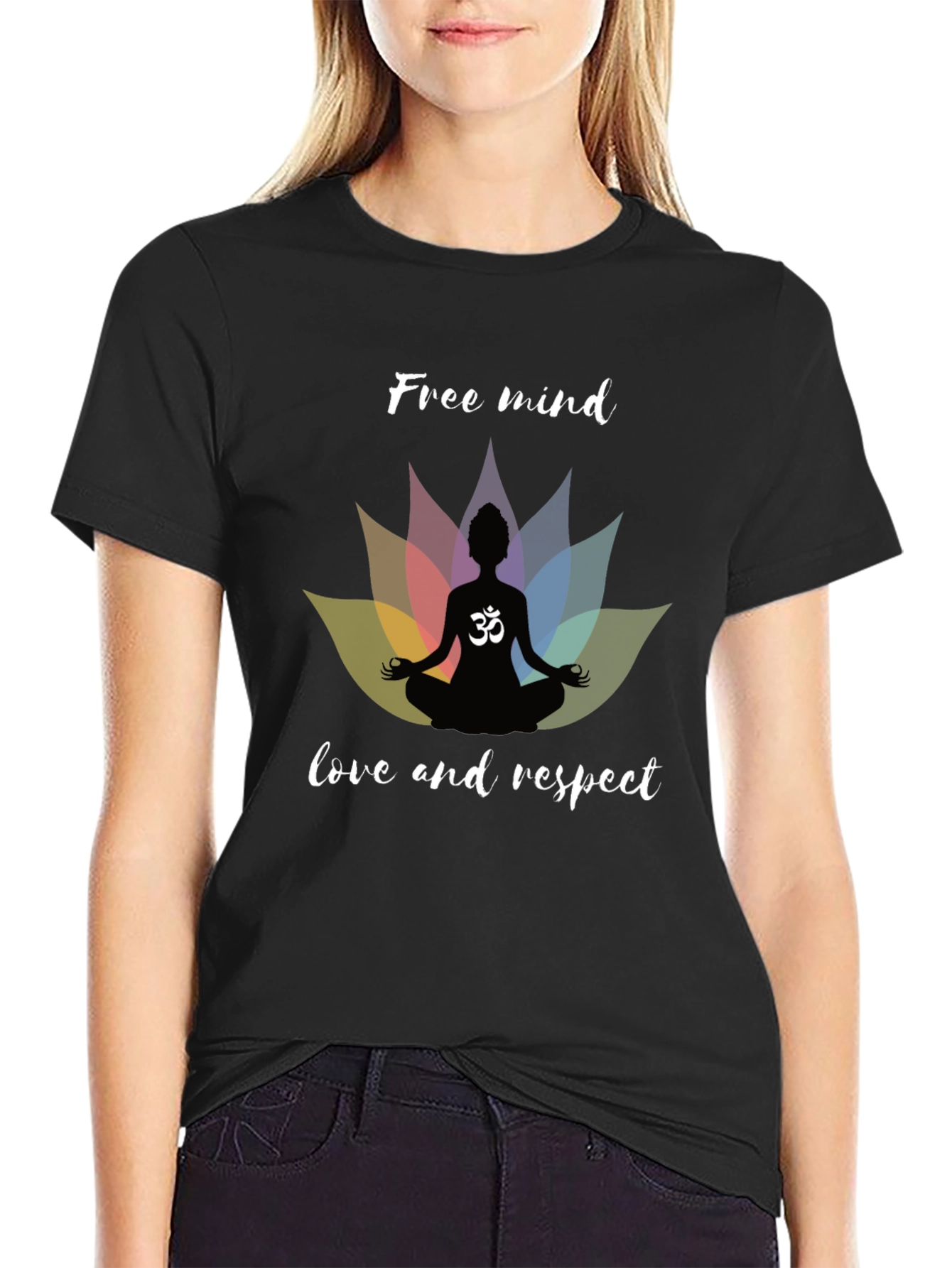 Free Mind Om Yoga Lotus Mens Black T-Shirt
