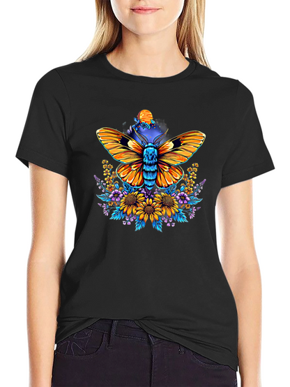Moth & Floral Print Black T-Shirt