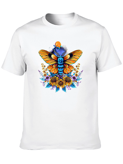 Moth & Floral Print Black T-Shirt