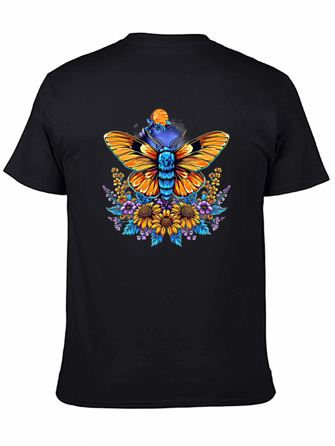 Moth & Floral Print Black T-Shirt