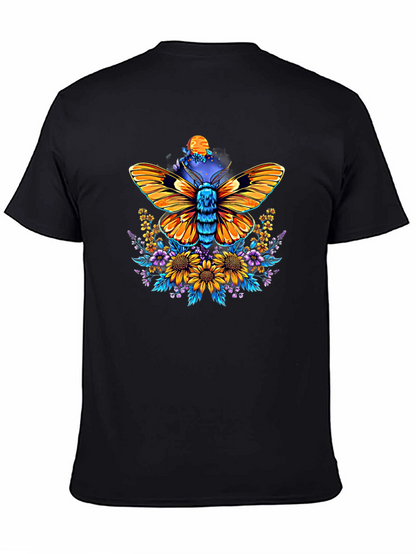 Moth & Floral Print Black T-Shirt