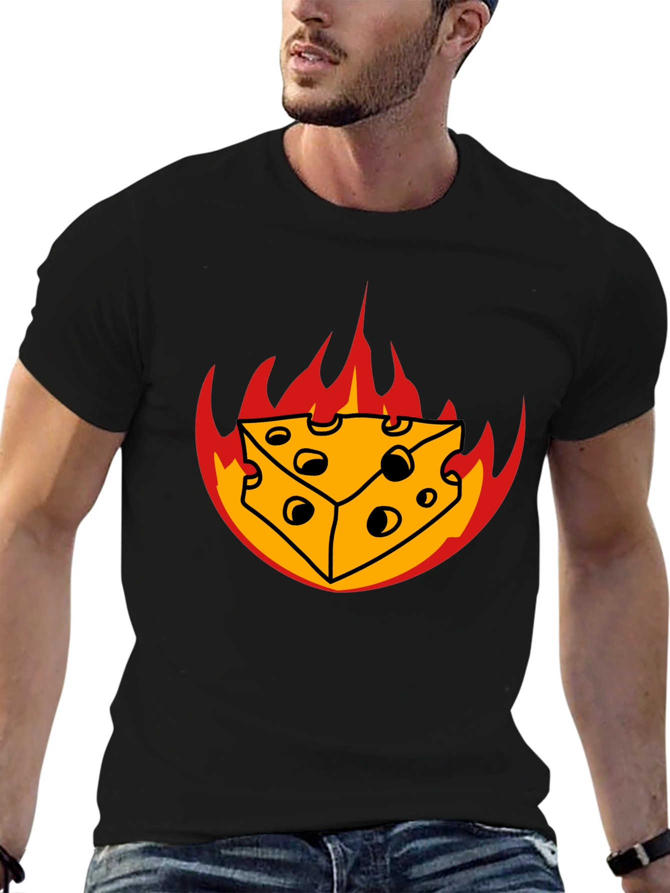 Fiery Cheese Graphic Tee - Black Cotton T-Shirt