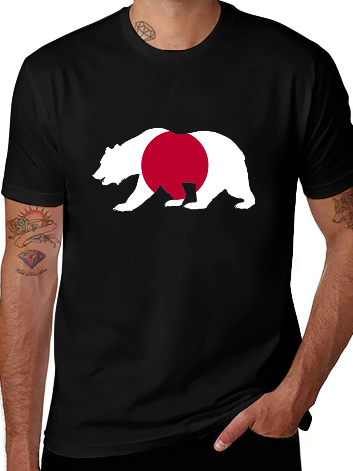 Bear Japan Flag Graphic Tee - Black Cotton Shirt