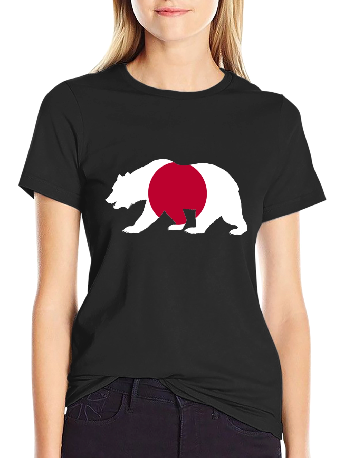 Bear Japan Flag Graphic Tee - Black Cotton Shirt