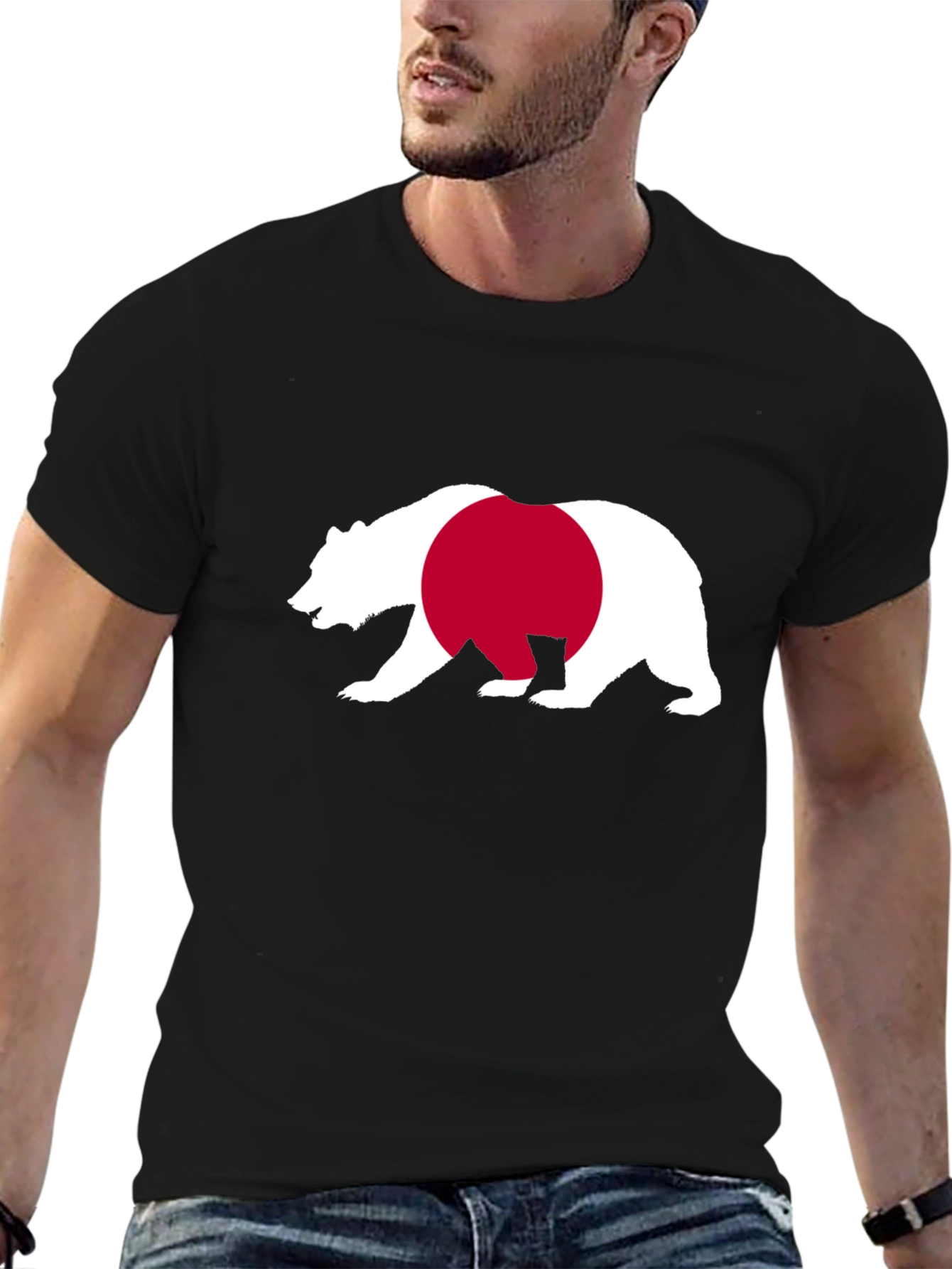 Bear Japan Flag Graphic Tee - Black Cotton Shirt